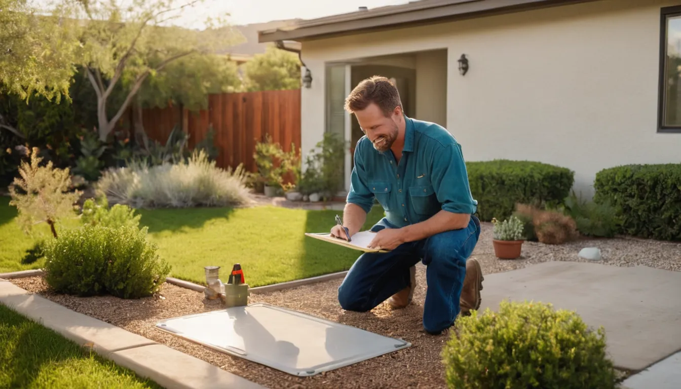 A local provider and a homeowner reviewing a septic tank access area in a backyard in Menifee