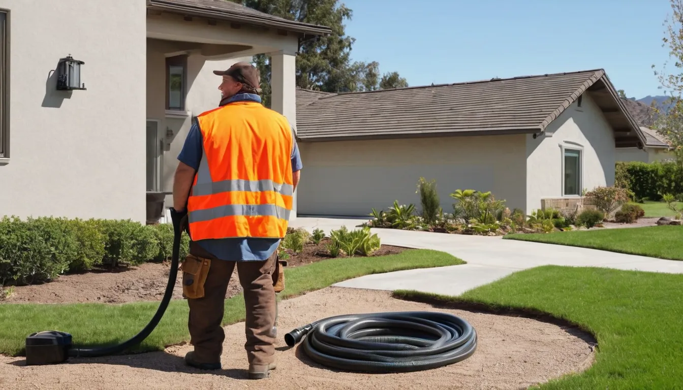 Septic provider in work gloves standing beside a pumping truck near a residential tank lid in Menifee
