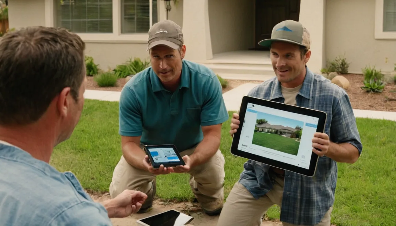 A local provider and a homeowner reviewing a sewer line camera inspection on a tablet in a front yard in Menifee